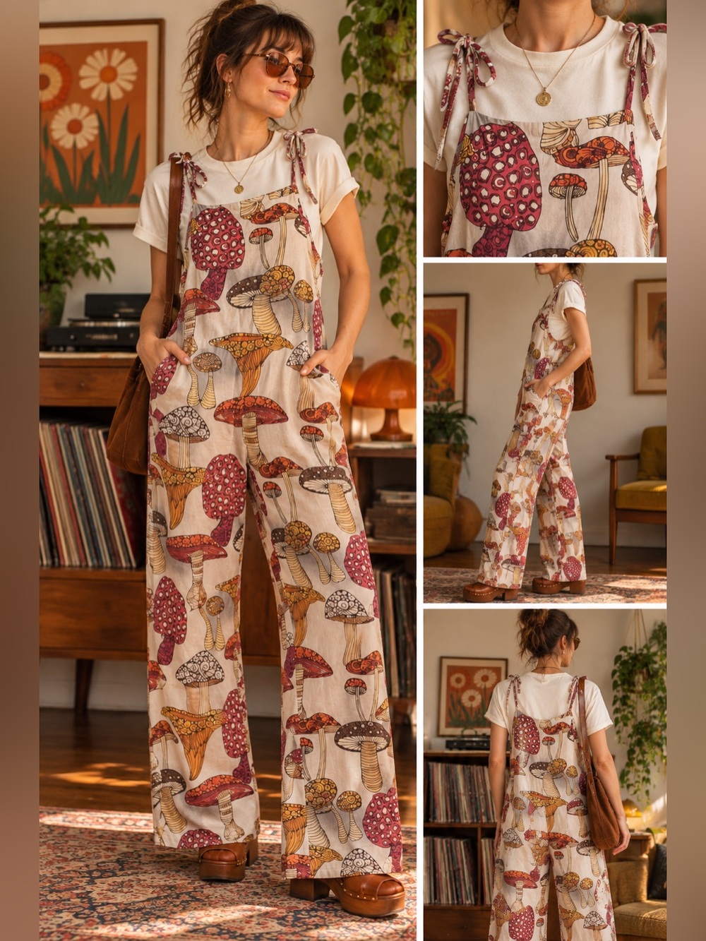 Mushroom Print Tie Strap Jumpsuit